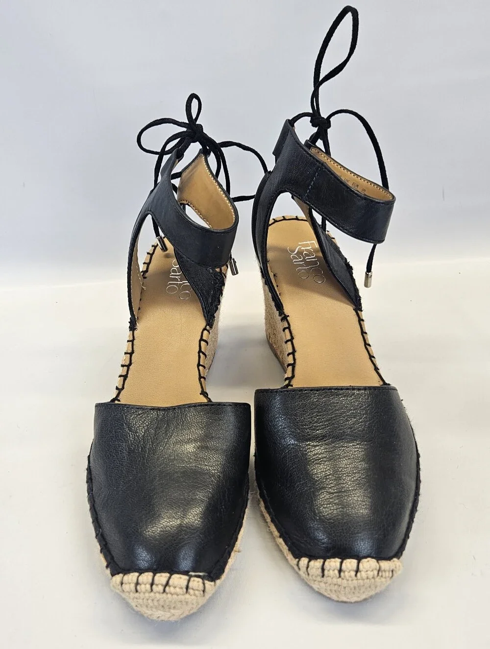 Franco Sarto Black Mariska Leather Espadrille Wedge Sandals Womens Ankle Tie 9
